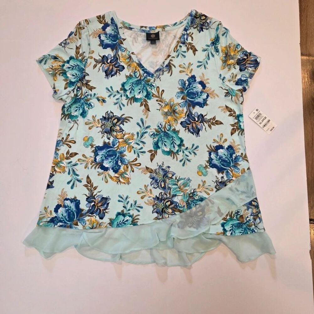 NWT JM Collection XL Floral Ruffle Hem Top Aqua Blue Boho Romantic Cottagecore